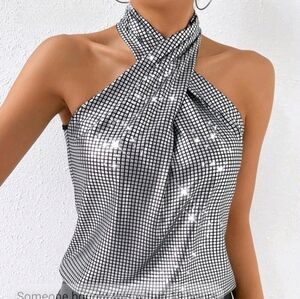 Silver Metallic Sleeveless Halter Top